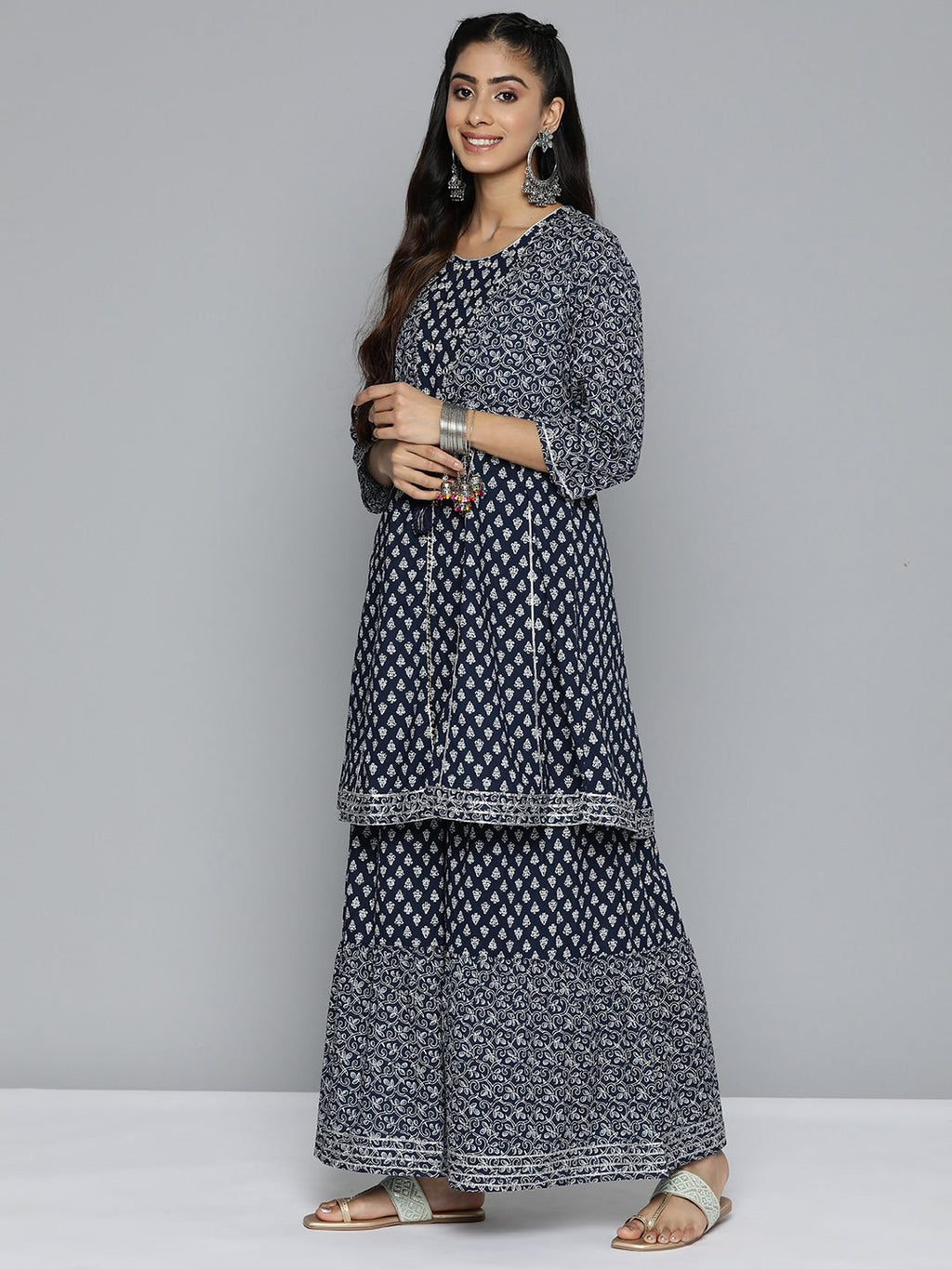 HERE&NOW Ethnic Motifs Printed Layered Gotta Patti Pure Cotton Kurta with Sharara | Grocsy