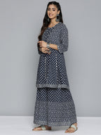HERE&NOW Ethnic Motifs Printed Layered Gotta Patti Pure Cotton Kurta with Sharara | Grocsy