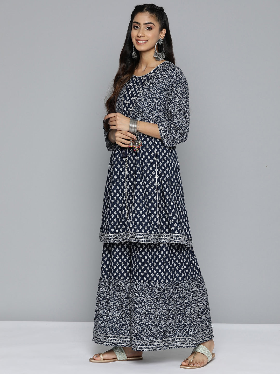 HERE&NOW Ethnic Motifs Printed Layered Gotta Patti Pure Cotton Kurta with Sharara | Grocsy