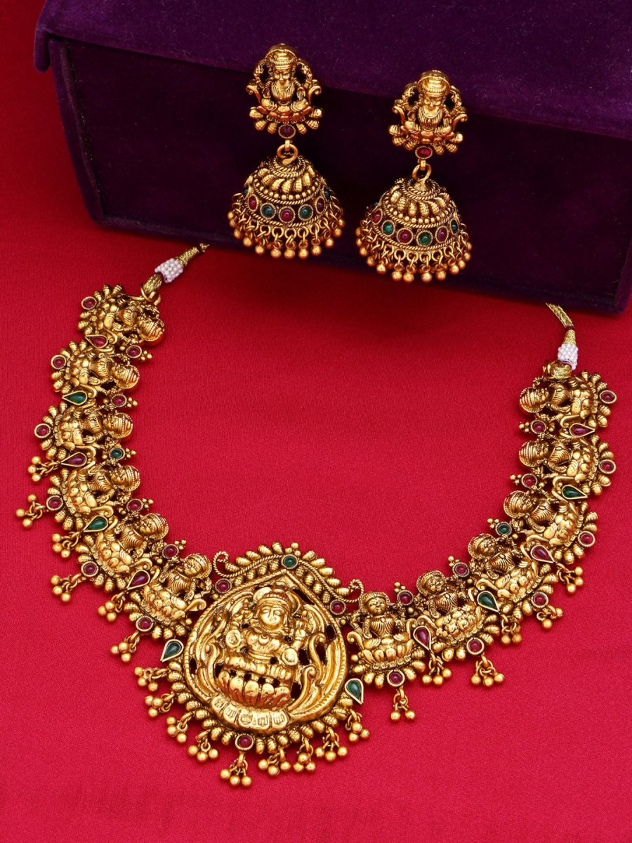 Aadita Women Gold-Toned & Plated Temple Choker Jewellery Set | Grocsy