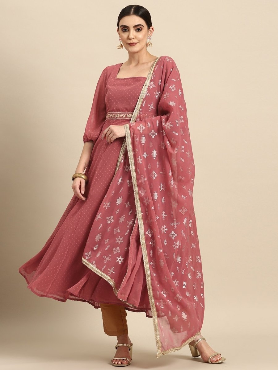 All About You Square Neck Dobby Weave A-Line Kurta With Dupatta | Grocsy