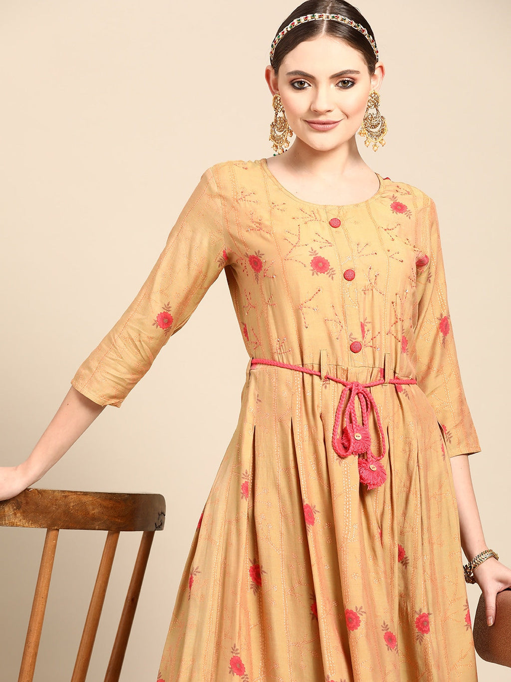 Sangria Women Mustard Yellow & Pink Ethnic Motifs Embroidered Mirror Work Anarkali Kurta | Grocsy