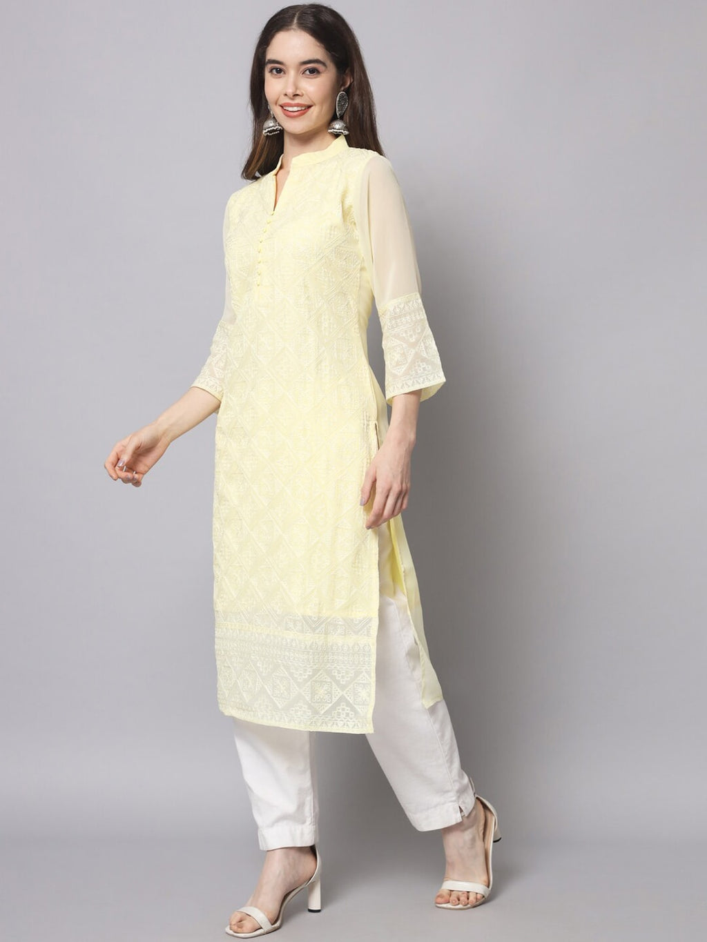HERE&NOW Women Yellow Ethnic Motifs Embroidered Thread Work Georgette Kurta | Grocsy