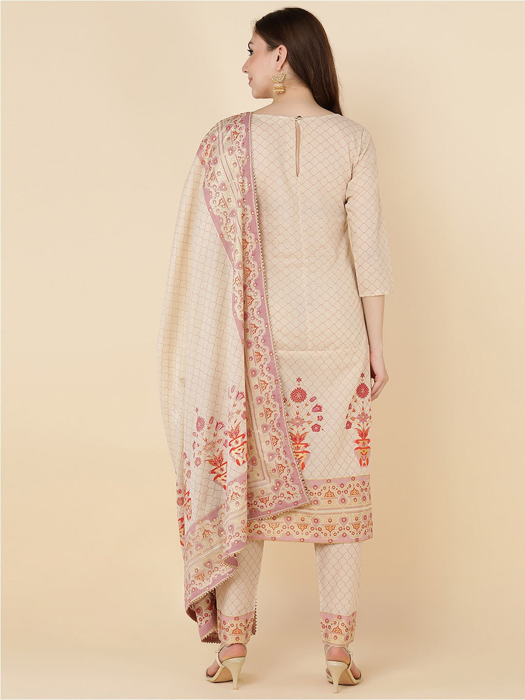 HERE&NOW Women Beige Ethnic Motifs Printed Pure Cotton Kurta with Trousers & Dupatta | Grocsy
