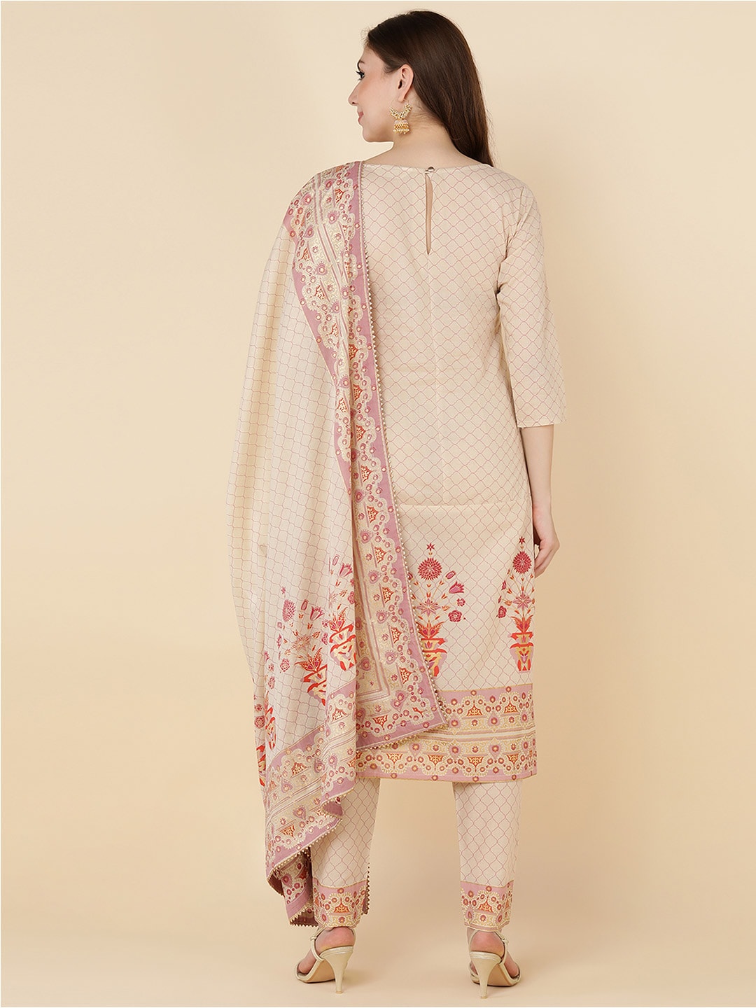 HERE&NOW Women Beige Ethnic Motifs Printed Pure Cotton Kurta with Trousers & Dupatta | Grocsy