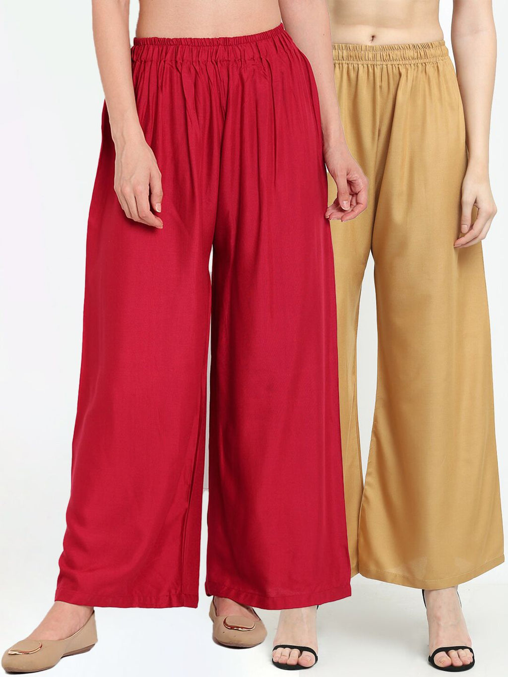 TAG 7 Women Pack of 2 Maroon & Beige Solid Wide-Leg Palazzos | Grocsy