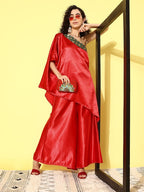 InWeave Women's Red Green Brocade Satin Oneshoulder Kurta Set | Grocsy