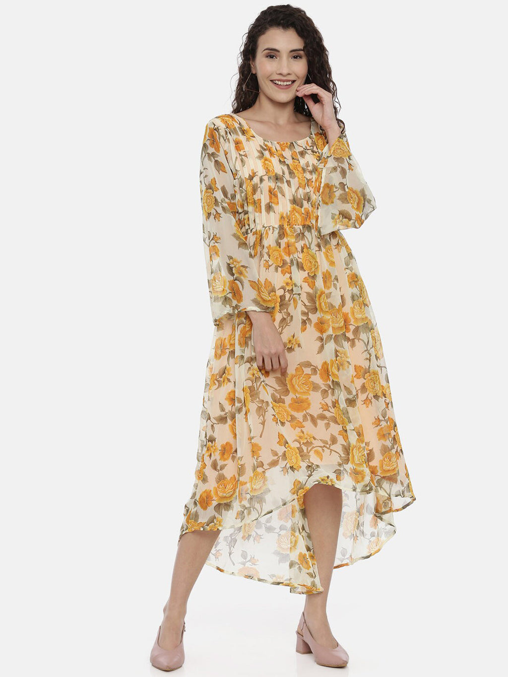Souchii Women Cream-Coloured Floral Printed A-Line Dress | Grocsy