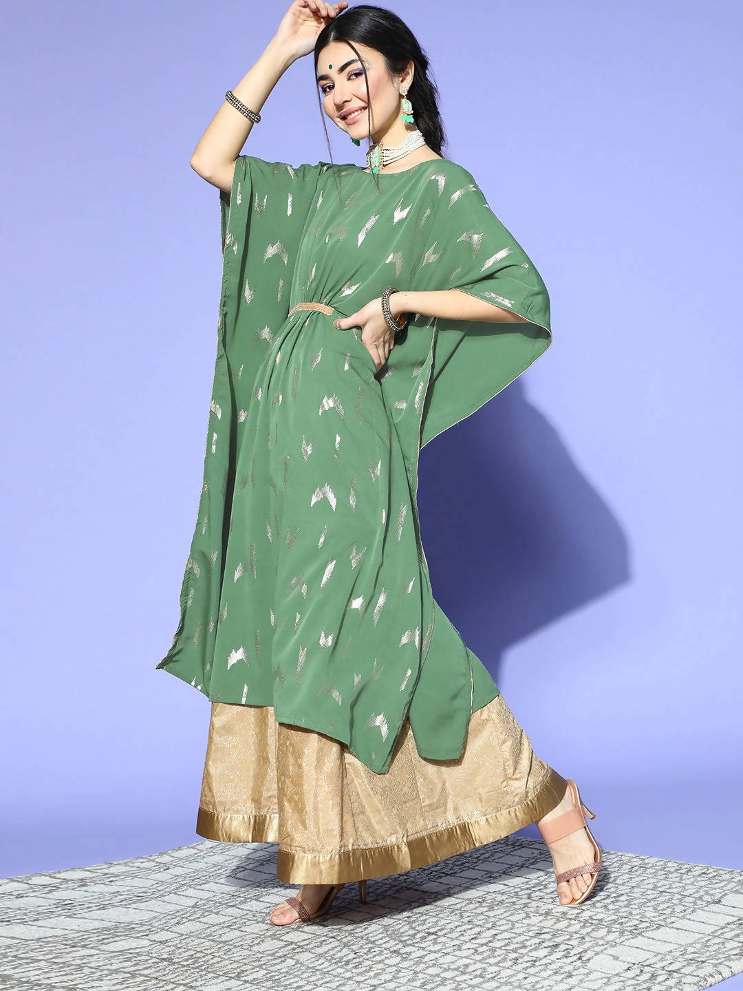 Janasya Women Green Geometric New Age Kaftan Kurta | Grocsy