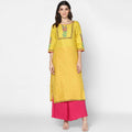 Cheera Hand Block Print Yellow & Magenta Straight Kurta With Palazzo (MAAI-084K) | Grocsy