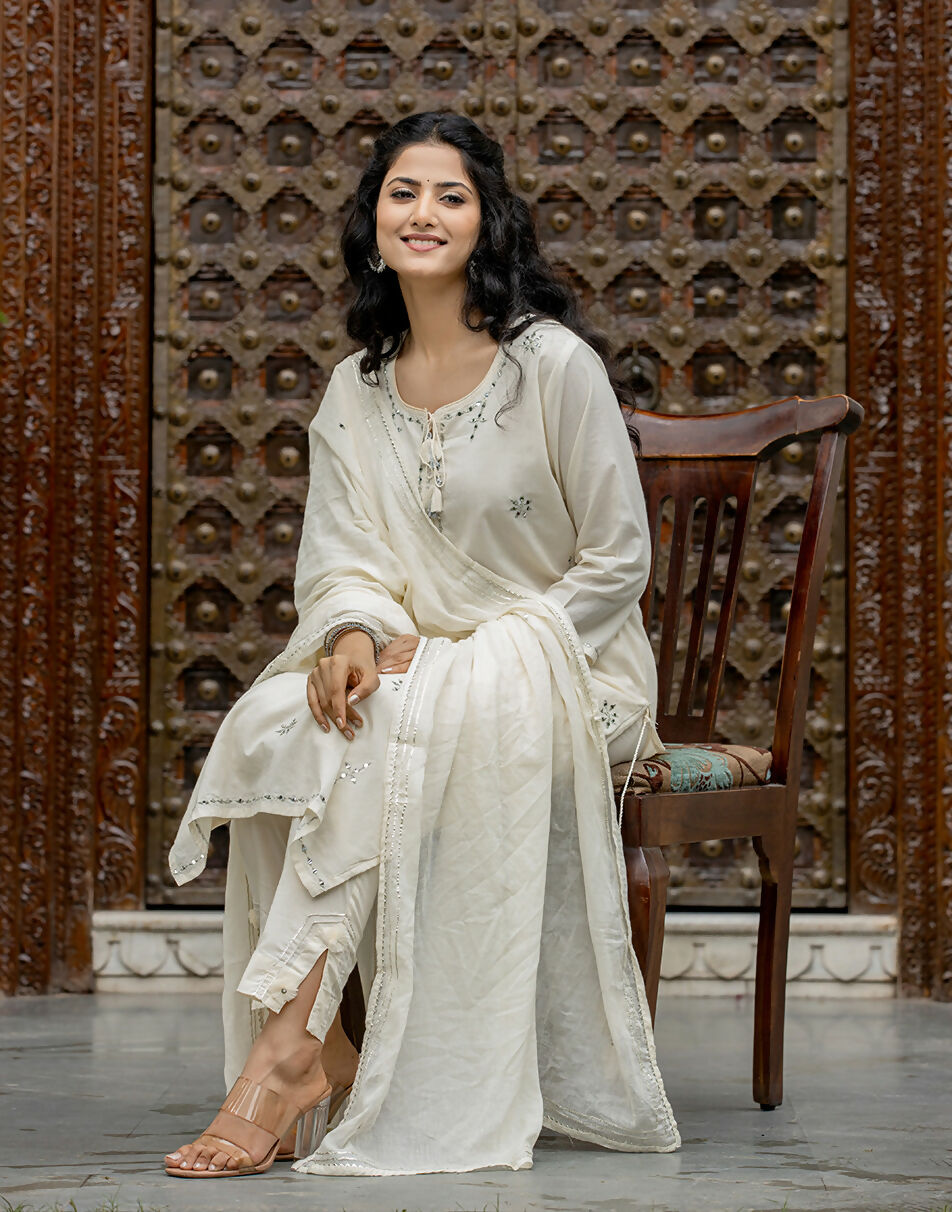 Kaajh Women's Off White Mirror Embellished Cotton Suit Set | Grocsy