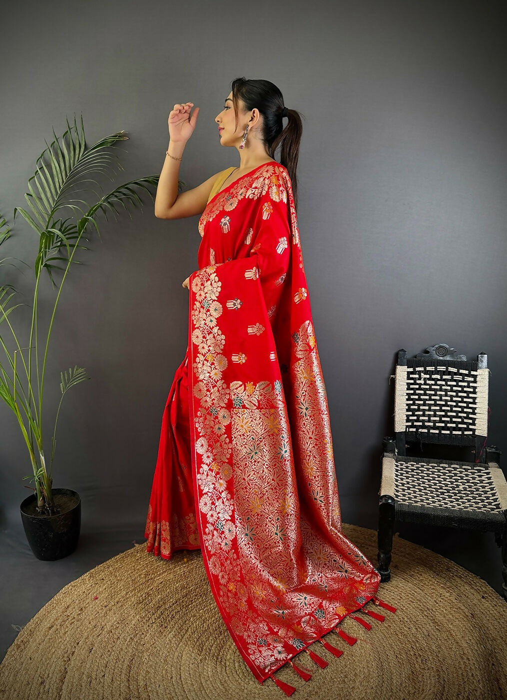 Joban Fashion Meenakari Red Woven Soft Silk Saree | Grocsy