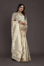 Off White Pure Raw Silk Zari Woven Saree with Unstitched Blouse Piece - Alisha | Grocsy