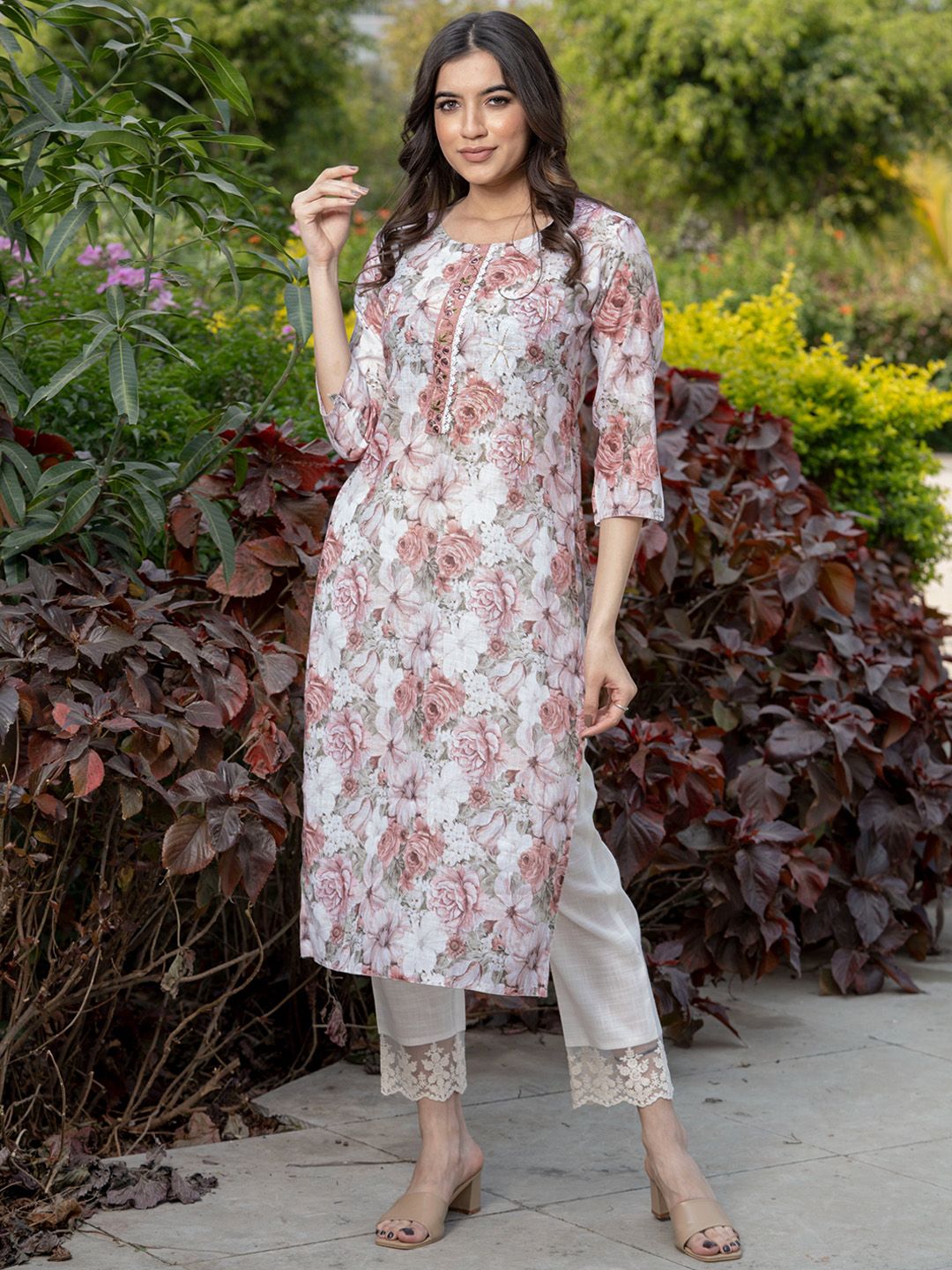 Sangria Floral-Printed Straight Kurtas | Grocsy