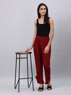 Souchii Women Maroon Solid Pleated Ruffled Liva Palazzos | Grocsy