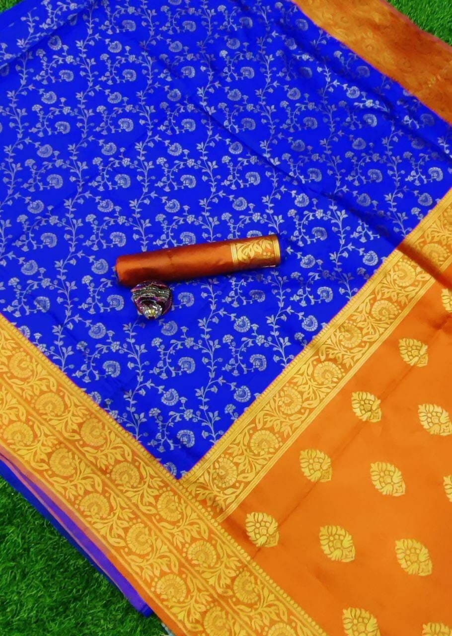 DEIANA'S Beautiful Designer Golden zari Soft Lichi Silk Saree - Royal Blue | Grocsy