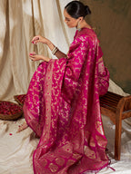Sangria Pink & Gold-Toned Floral Woven Design Zari Banarasi Saree | Grocsy