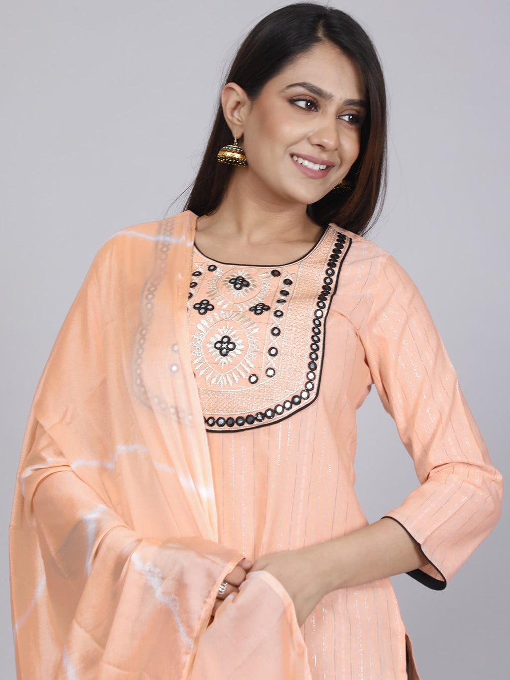 HERE&NOW Women Orange Floral Yoke Design Mirror Work Kurta with Trousers & Dupatta | Grocsy