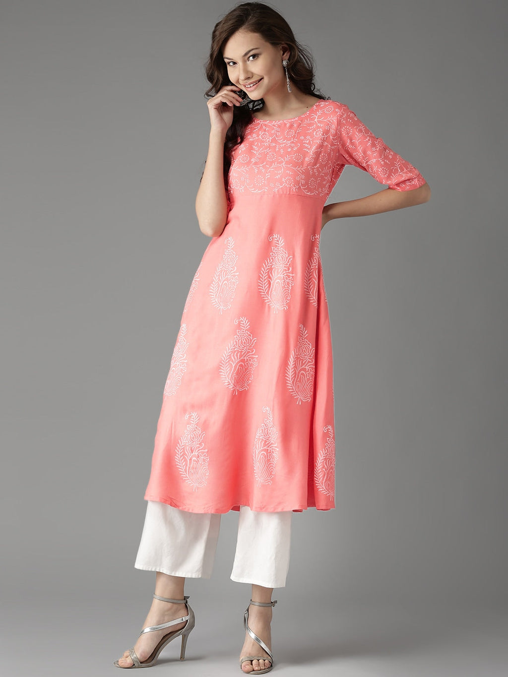HERE&NOW Women Peach-Coloured Handblock Print A-Line Kurta | Grocsy