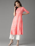 HERE&NOW Women Peach-Coloured Handblock Print A-Line Kurta | Grocsy