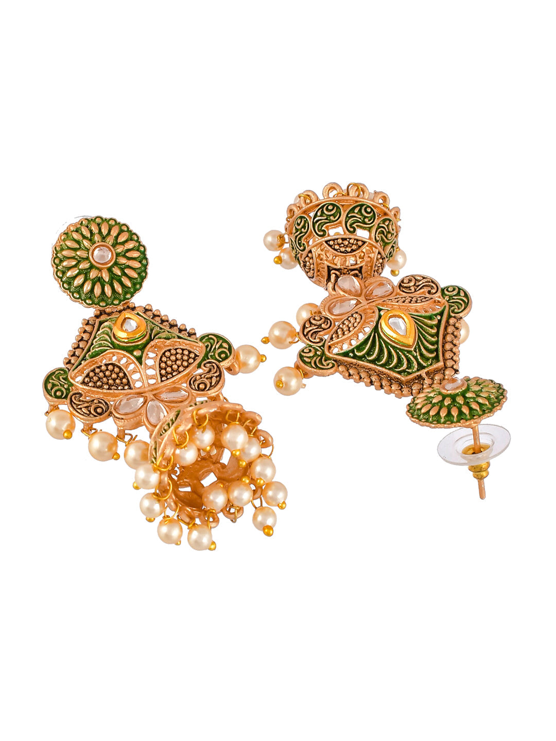 Shoshaa Green & Gold-Toned Contemporary Jhumkas Earrings | Grocsy