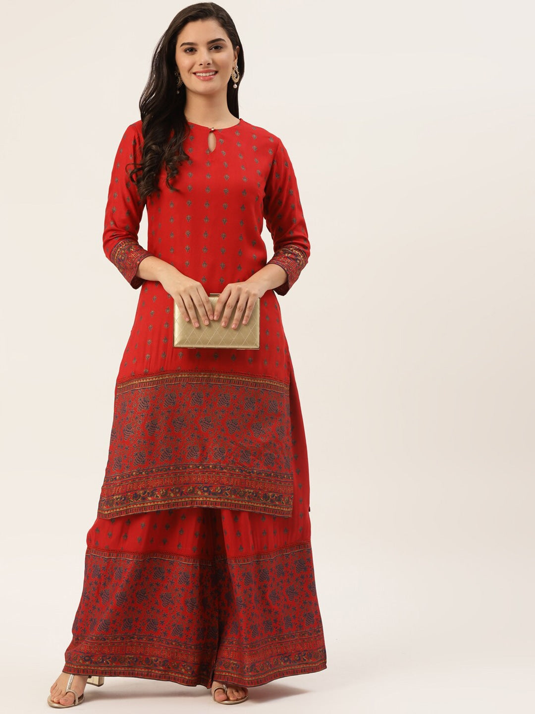 HERE&NOW Women Red Ethnic Motifs Printed Kurta with Palazzos | Grocsy