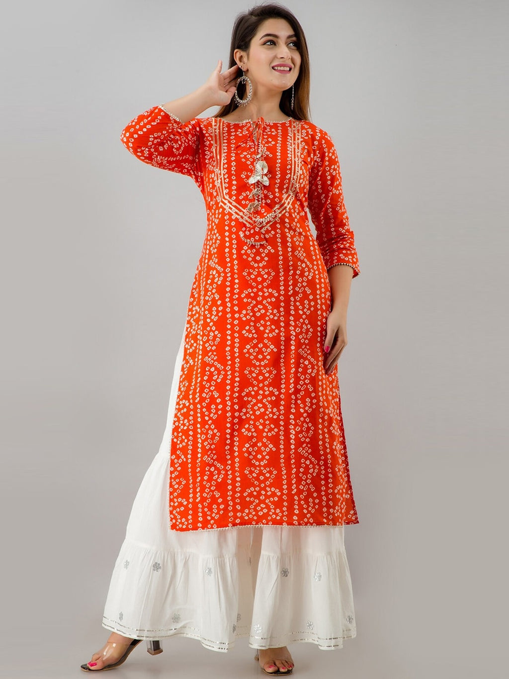 HERE&NOW Orange & White Bandhani Printed Gotta Patti Kurta with Sharara | Grocsy
