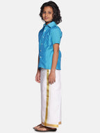 Sethukrishna Boys Turquoise Blue & White Solid Cotton Shirt & Dhoti Set | Grocsy