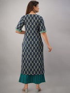 HERE&NOW Turquoise Blue Floral Printed Regular Kurta with Palazzos | Grocsy