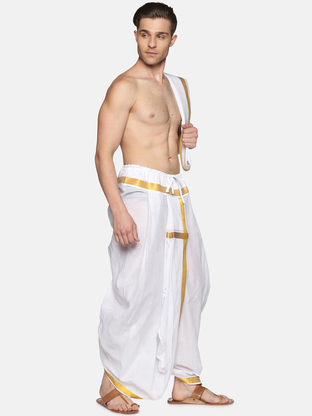 Sethukrishna Men White & Gold-Toned Solid Ready Made Dhoti Pants | Grocsy