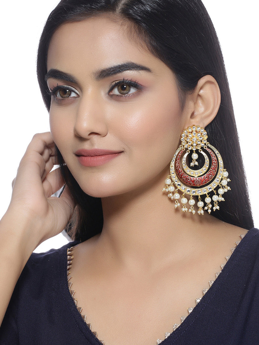 Shoshaa Red & Off-White Kundan Studded & Beaded Crescent Shaped Chandbalis | Grocsy
