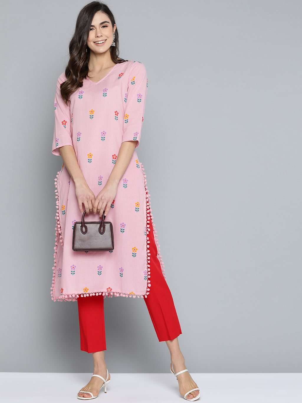 HERE&NOW Women Pink & Purple Floral Print Pure Cotton Straight Kurta | Grocsy