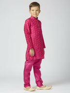 Joban Fashion Kids Island Full Sleeves Chanderi Kurta, Pyjama Set with Traditional Butta Work - Rani Pink | Grocsy