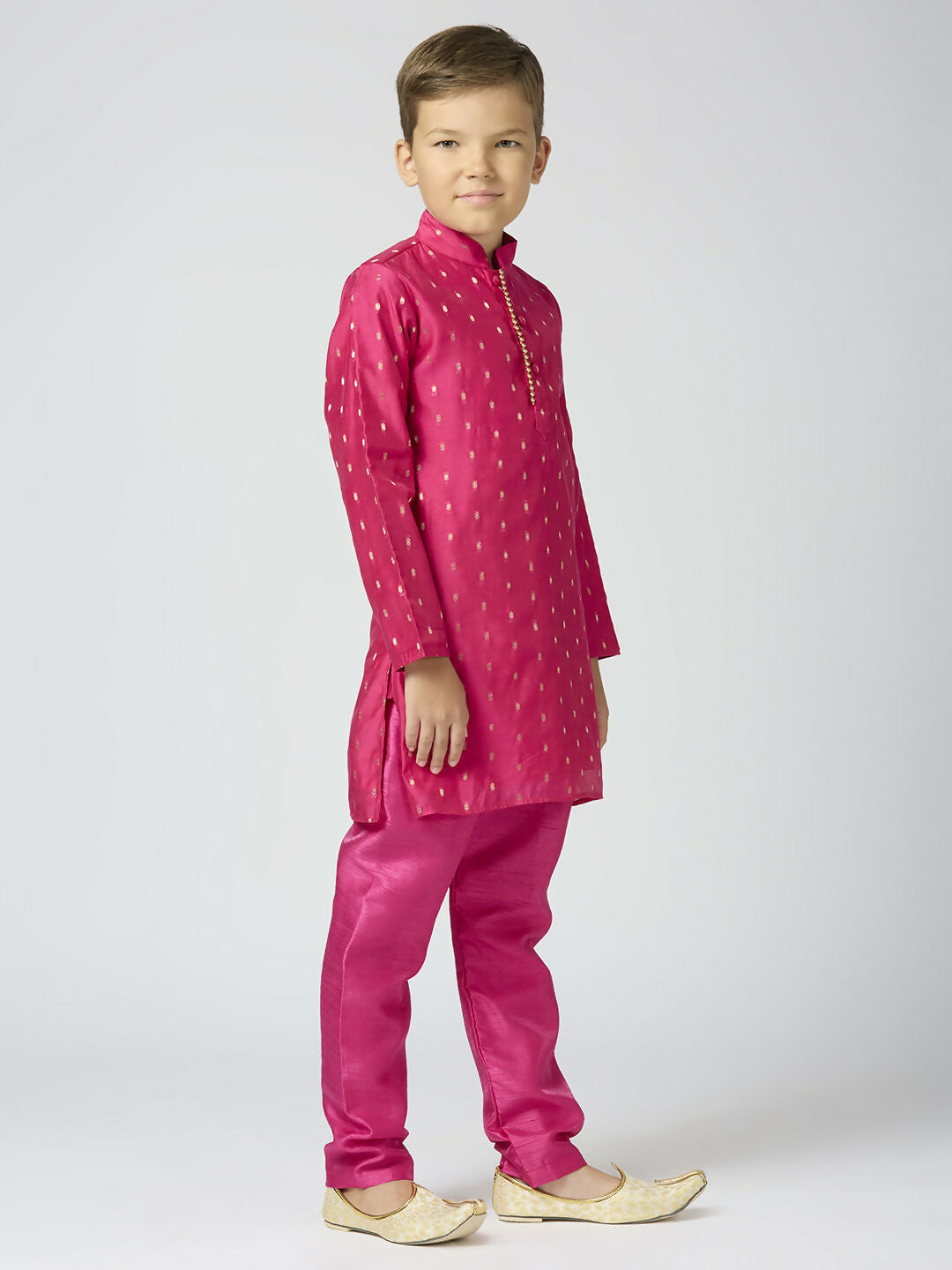 Joban Fashion Kids Island Full Sleeves Chanderi Kurta, Pyjama Set with Traditional Butta Work - Rani Pink | Grocsy