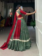 Vastranavya Navaratri Special Pure Cotton Printed With Gota Patti And Lace Touch Up Lehenga with Stitched Choli - Green | Grocsy