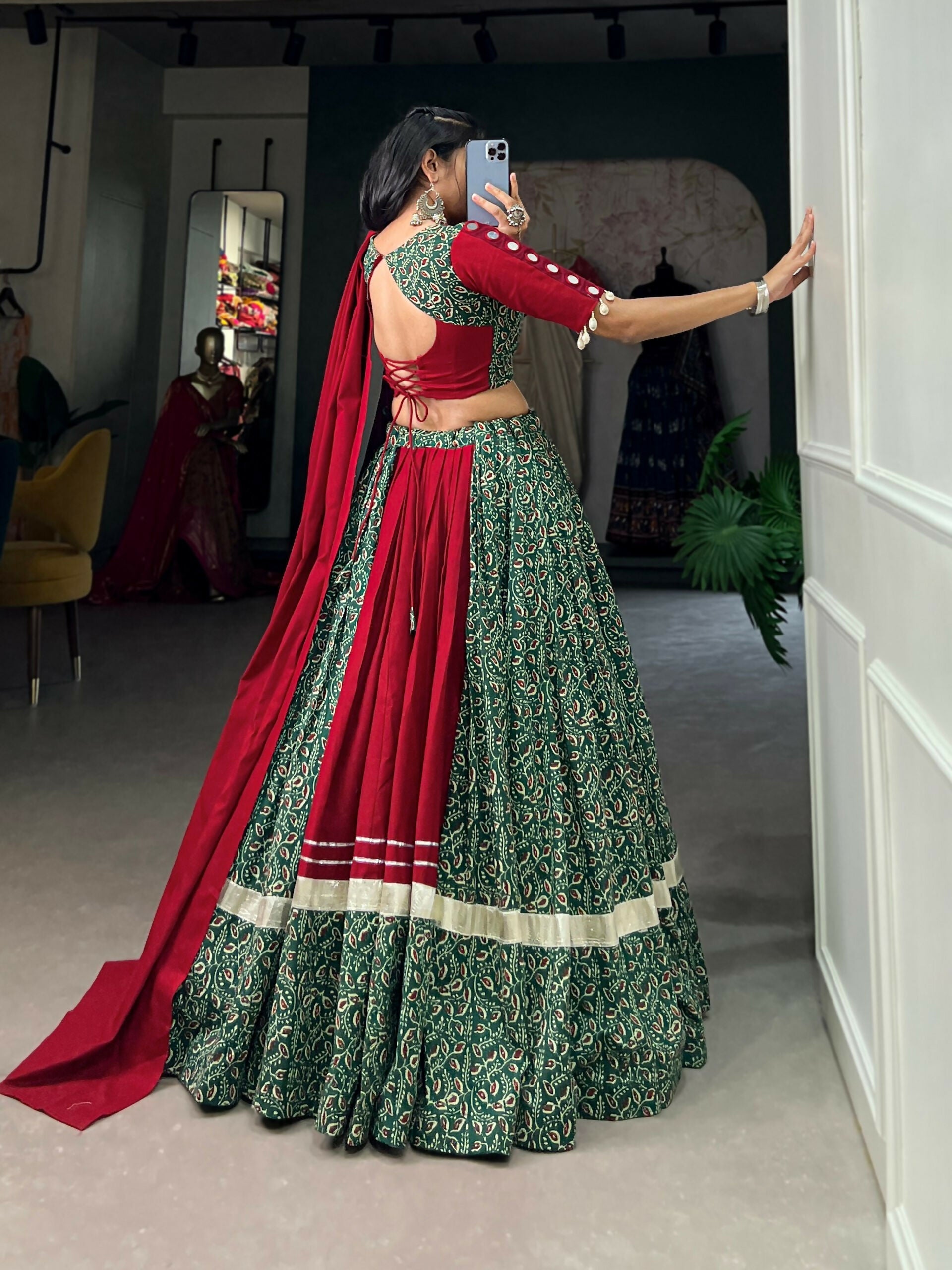 Vastranavya Navaratri Special Pure Cotton Printed With Gota Patti And Lace Touch Up Lehenga with Stitched Choli - Green | Grocsy