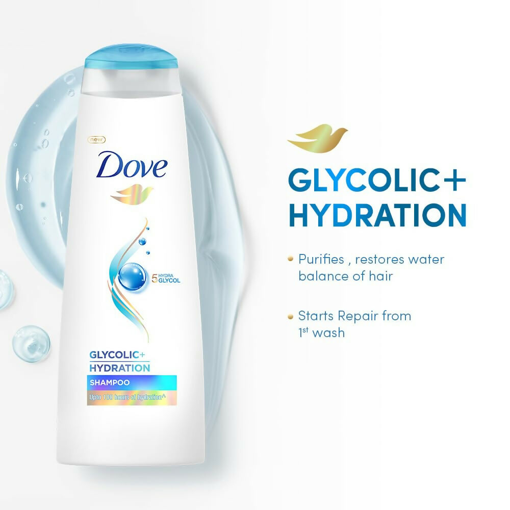 Dove Glycolic + Hydration Shampoo With 5% Hydra-Glycol For Upto 100 Hours Of Hydrated, Fluid Hair | Grocsy