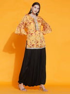 Women Republic Yellow Printed Satin Georgette Shirt With Bell Sleeves And Dhoti | Grocsy