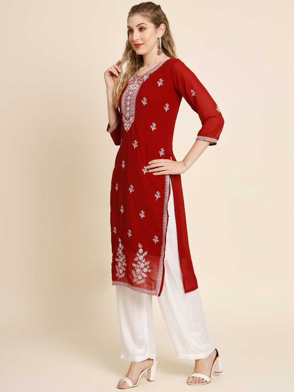HERE&NOW Women Floral Embroidered Thread Work Georgette Kurta | Grocsy