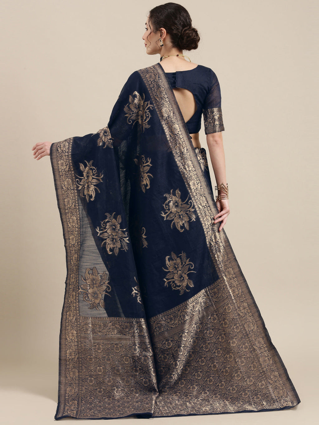Saree Mall Navy Blue Floral Linen Blend Banarasi Saree | Grocsy