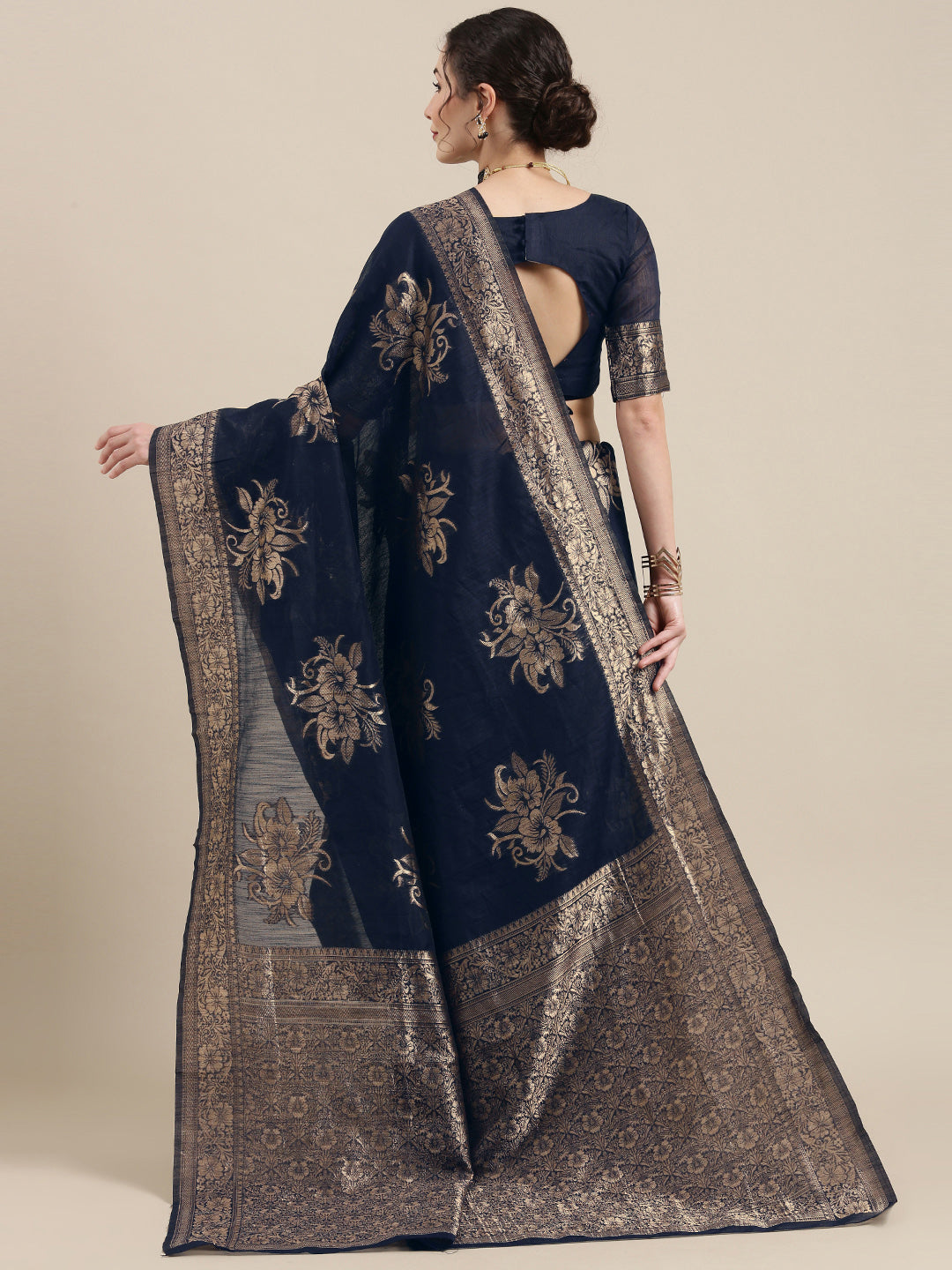 Saree Mall Navy Blue Floral Linen Blend Banarasi Saree | Grocsy
