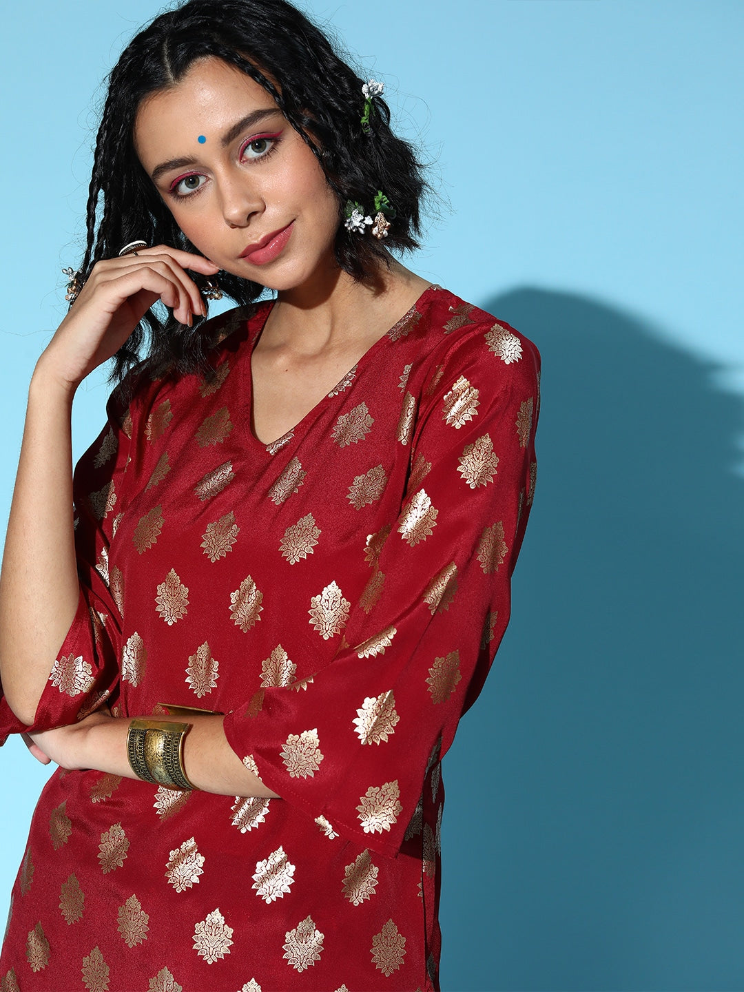 Sangria Ethnic Motifs Polyester Kurta Set | Grocsy