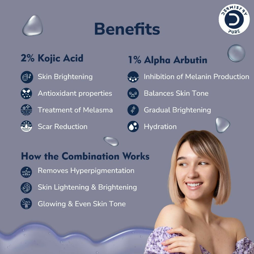 Dermistry Pure 2% Kojic Acid 1% Alpha Arbutin Instant Glowing Bright Light Pigmentation Spots Serum | Grocsy