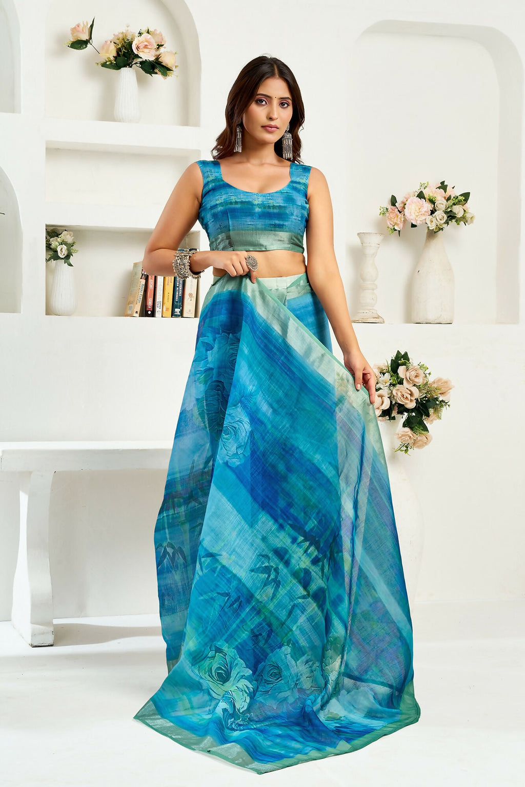 Vastranavya Aqua Blue Digital Printed Linen Ready To Wear Designer Saree with Unstitched Blouse | Grocsy