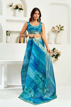 Vastranavya Aqua Blue Digital Printed Linen Ready To Wear Designer Saree with Unstitched Blouse | Grocsy