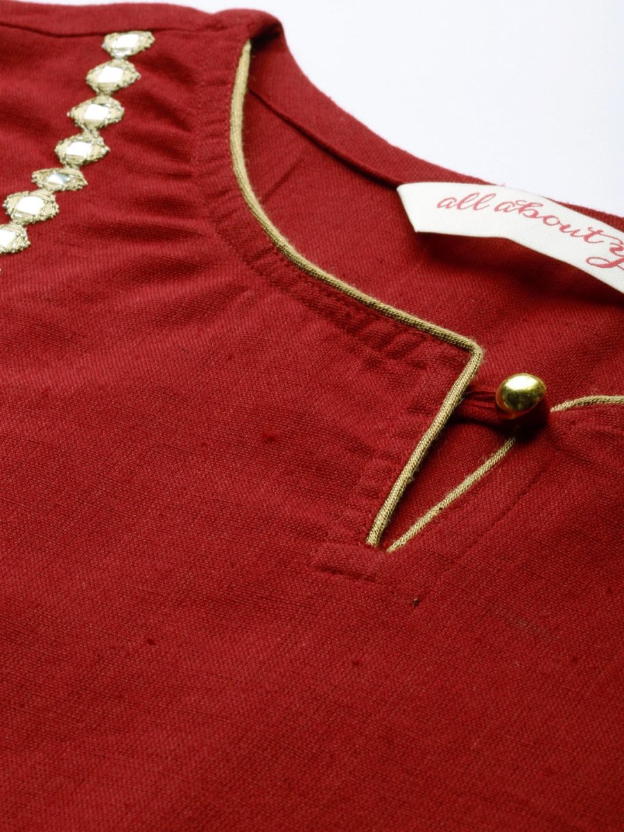 All About You Women Red & Gold-Toned Keyhole Neck Gotta Patti Kurta | Grocsy