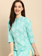 All About You Women Turquoise Blue & White Printed Pure Cotton Straight Kurta | Grocsy