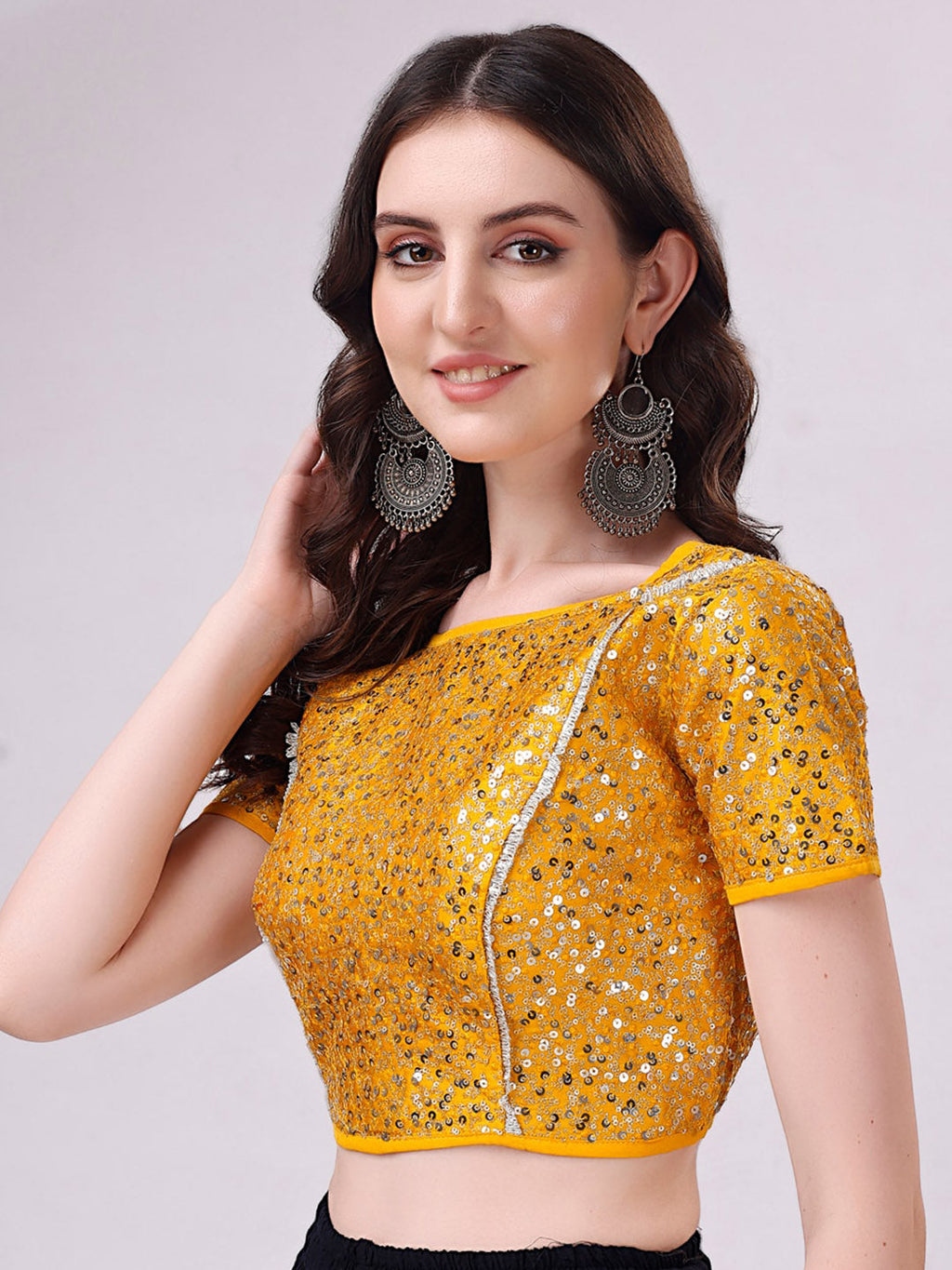 Tikhi Imli Yellow Embellished Boat Neck Sequinned Detailed Saree Blouse | Grocsy