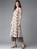 HERE&NOW Women Beige & Grey Printed Kurta with Palazzos | Grocsy