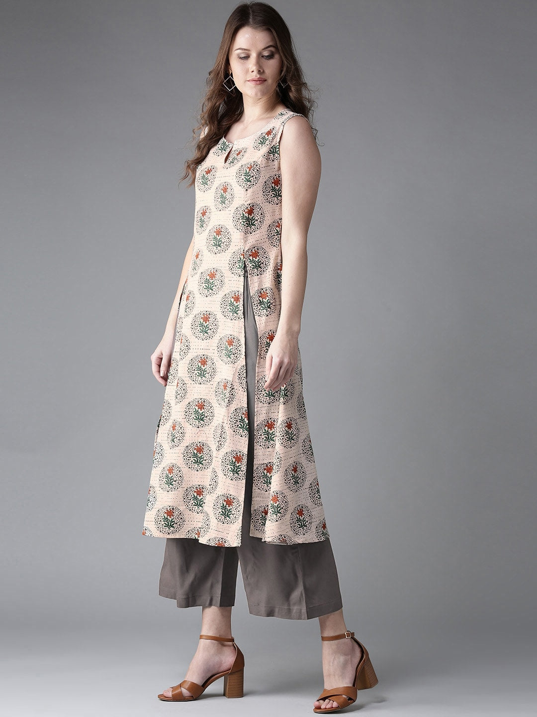 HERE&NOW Women Beige & Grey Printed Kurta with Palazzos | Grocsy